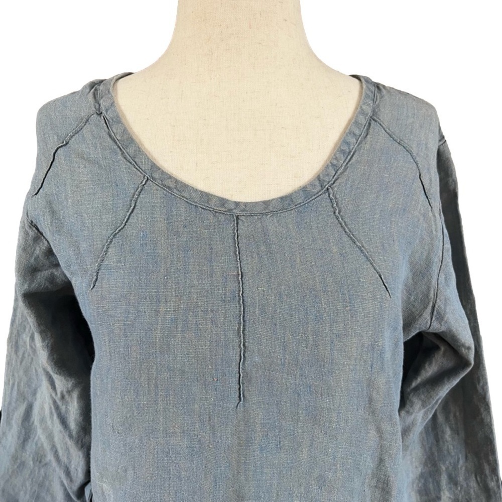 Flax Blue Tunic Minimalist 100% Linen Long Sleeves w/ Pintuck Detail Sz SP - Picture 2 of 11